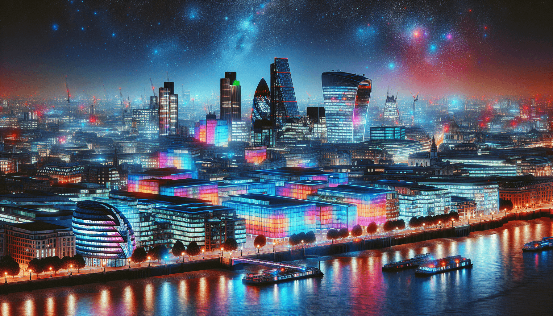 London skyline illuminated by vibrant neon lights at night