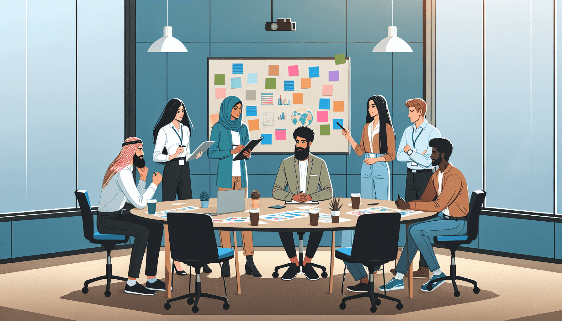 Team in a brainstorming session in a modern conference room
